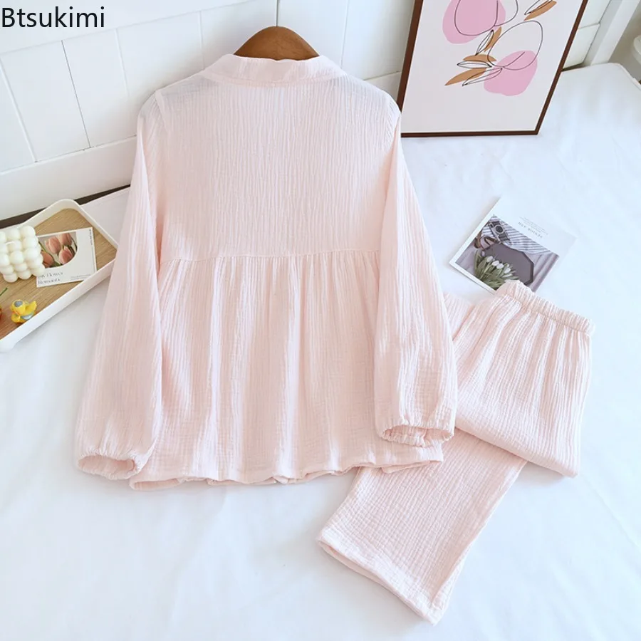 New 2025 Summer Pure Cotton Women's Pyjamas Set Embroidery Print Home Suits Pyjama Long Sleeve Pajamas 2Pcs Sleepwear for Women