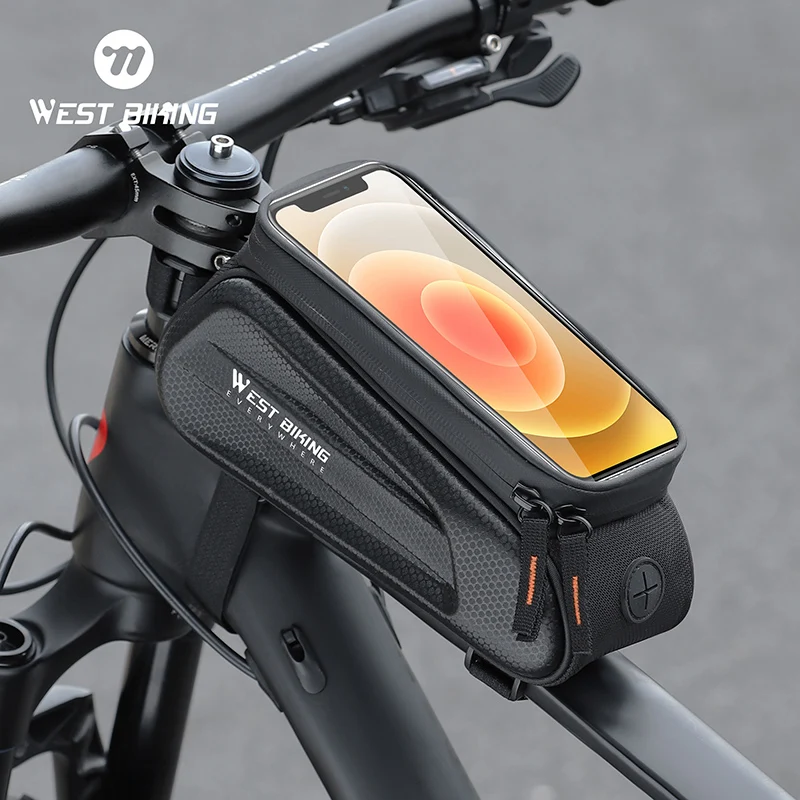 WEST BIKING 7.0 Inch Bike Phone Touch Screen Bag Bicycle Reflective Top Tube Bag EVA Hard Shell Water Repellent Front Frame Bags