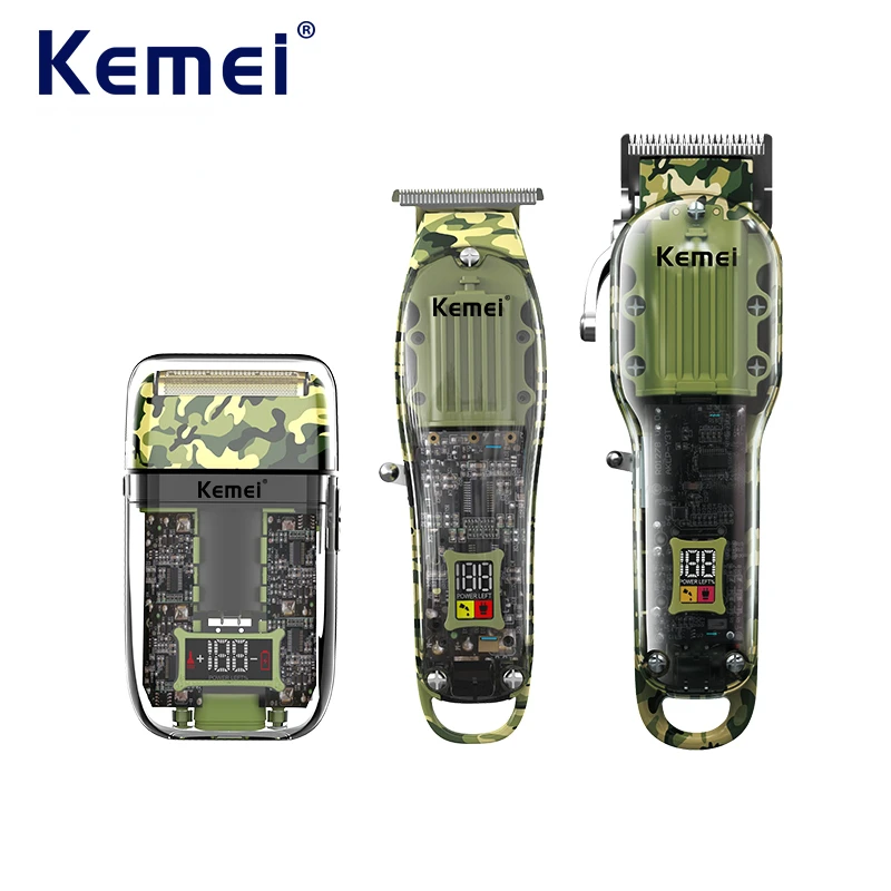 

KEMEI New Arrival Rechargeable Hair Trimmer Set Cordless Barber Trimmer Transparent Clipper Professional Hair Clipper for men