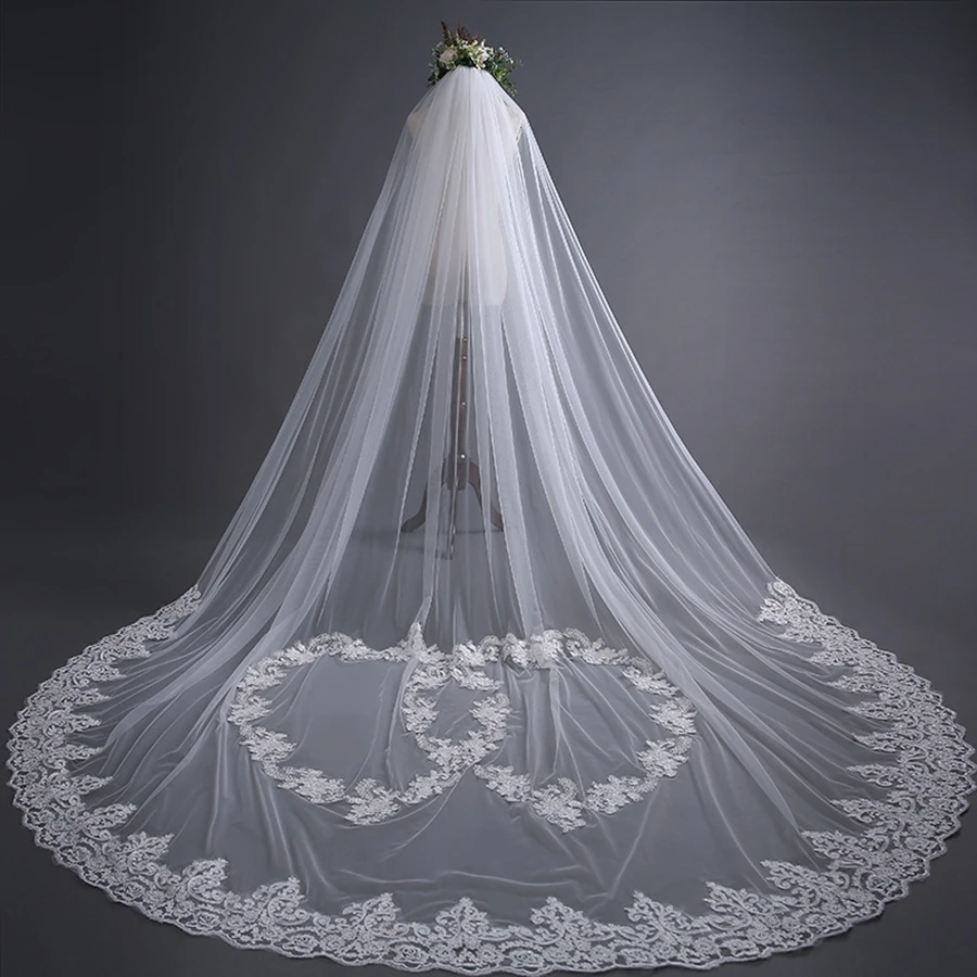 In Stock Ivory Cathedral Wedding Veils Long Lace Appliques 3 Meter Welon katedralny Cheap Bridal Veil Matrimonio Cheap Veils