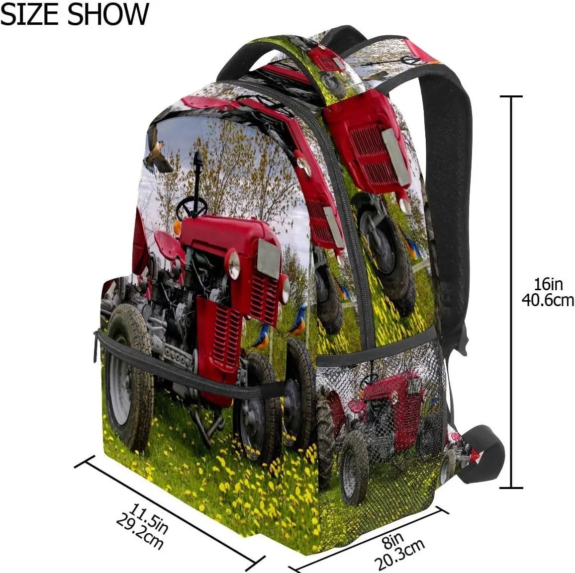 حقيبة ظهر حمراء للجرارات، طباعة مشهد الريف، حقيبة يومية واسعة مع جيوب شبكية، رائعة لمحبي الطبيعة والاستخدام الخارجي #5