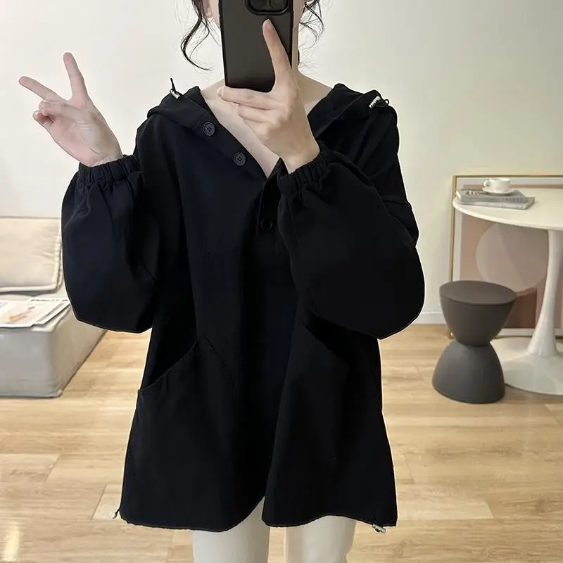 Fashion Hooded Spliced Button Shirring Pockets Blouse Female Clothing 2023 Autumn Winter New Oversized Casual Tops Korean Shirt