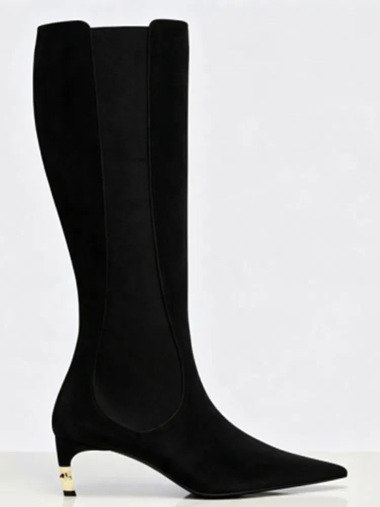 2026 New Low Heel Knee High Boots with Pointed Kitten Heels and Elastic Fabric Autumn and Winter Fashionable Mid Length Boots
