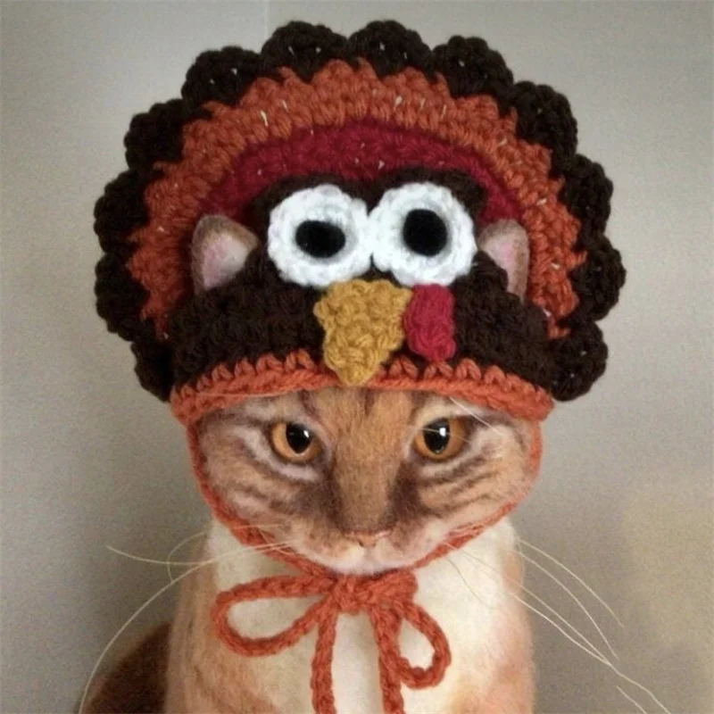 Thanksgiving Day Handmade crocheted pet cat hat Turkey style Funny Unique Pet Turkey Hat Caps Halloween cat Costume Accessory