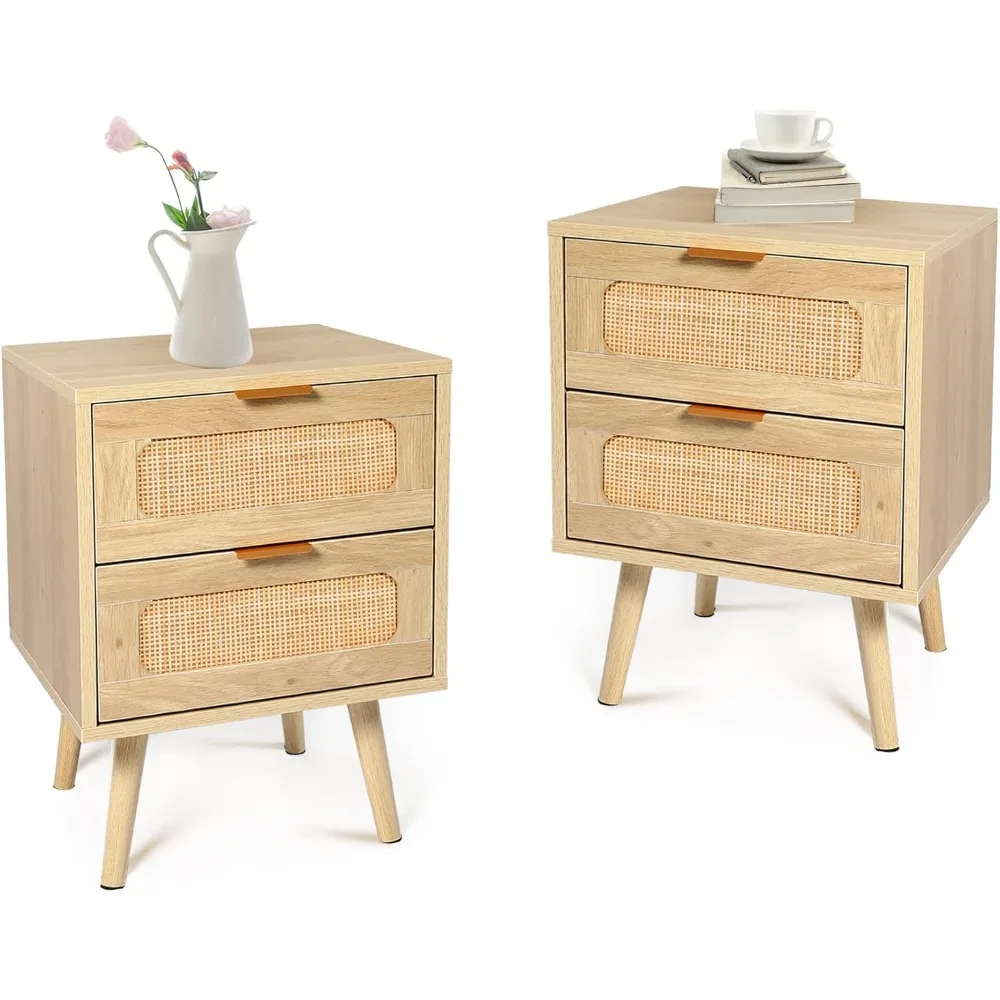 

Nightstands Set of 2 with Rattan Drawer, Modern Night Stand for Bedrooms, Wooden 2 Drawer Bedside Table Side Table for Small Pl