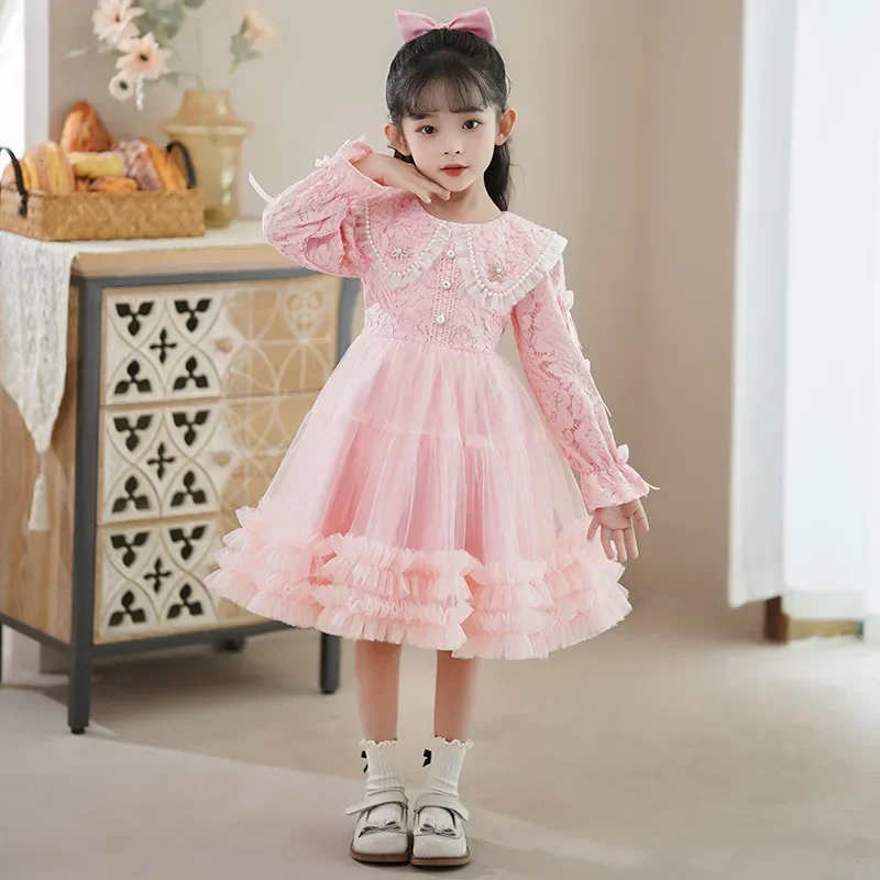 

Spring Autumn Girls Dresses for Party and Wedding Lace Mesh Long Sleeve Bridesmaid Dresses Fashion Girls Dress 3-13 Years