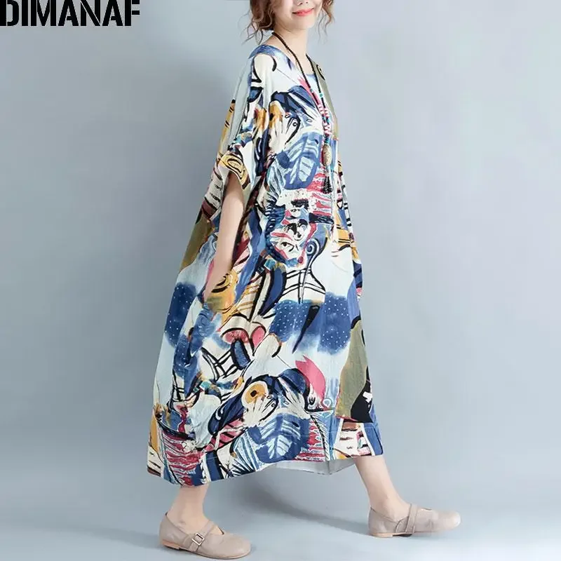 DIMANAF Plus Size Dress Women Summer Beach Print Vintage Cotton Maxi Dress Casual Oversize Lady Long Dresses