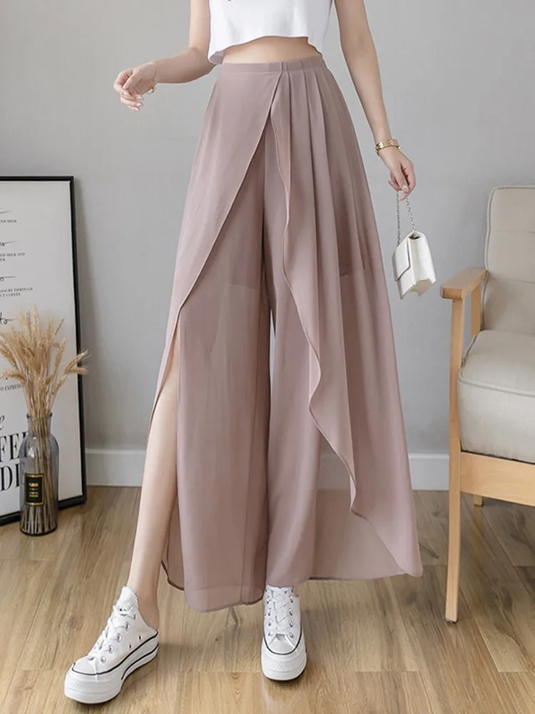 Summer Thin Women Chiffon Skirt Pants Wide Legs Irregular Wild Korean Fashion Pantalones Mujer High Waist Casual Loose Trousers