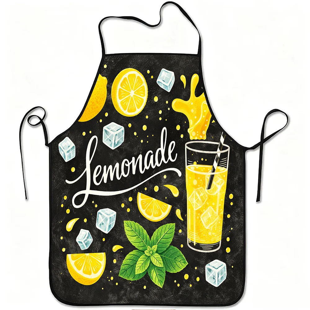 1pc Funny Print Apron With Lemonade Cube Of Ice And Mint Slice, Made Of Durable And Easy-To-Clean Polyester, Features An Adjusta