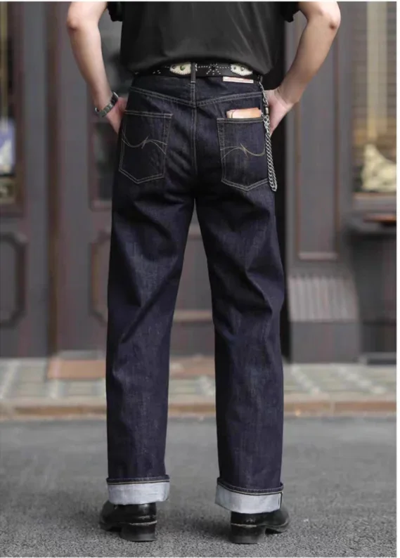 14 oz Loose Straight Wide Leg Pants Outdoor Camping Hiking Trekking Trousers Selvedge Denim Jeans Men High Waist Retro ﻿