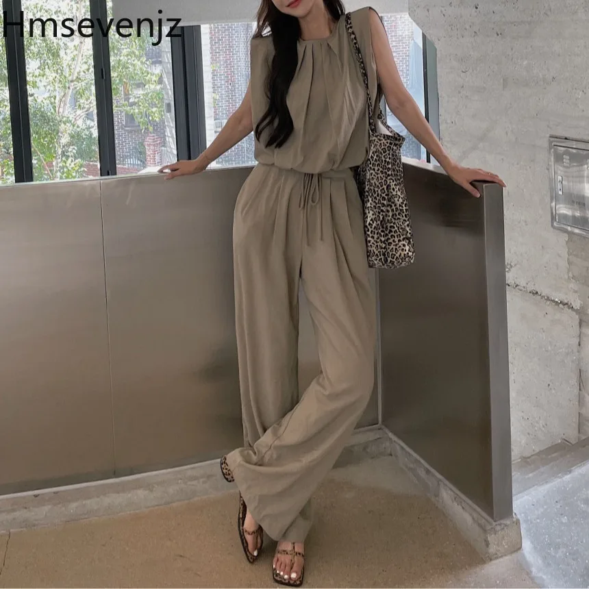 Hmsevenjz Casual กางเกงชุดสตรีฤดูร้อนเสื้อกั๊กเสื้อเอวสูง LACE-up กางเกงขากว้าง 2 ชิ้นชุด