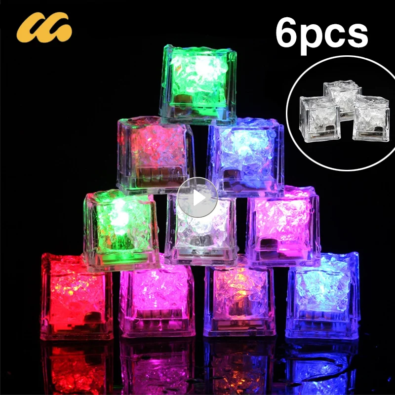 6pcs Luminous LED Ice Cubes Fun Fast Flash Water Toy Glowing Party Festival Bar Wine Glass Decoration Supplies Children's Bath