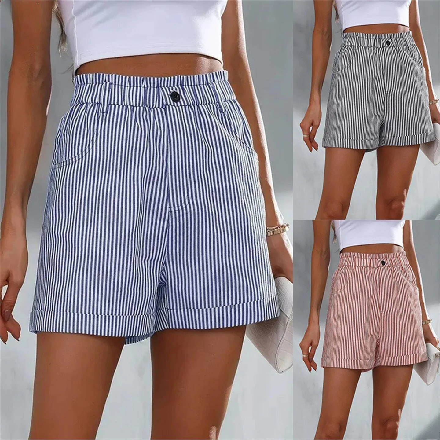 

Summer New Casual Pocket Striped Shorts Women's Fashion Set Regular Length mid Thick European Style Leisure Scene Adult Size