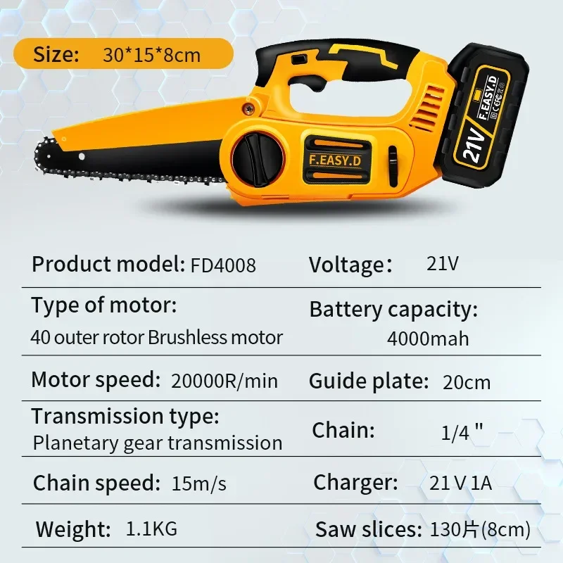 21V 1080W 8Inch Brushless Chain Saw with Upgraded Battery Rechargeable Woodworking Pruning One-handed Saw Garden Tool