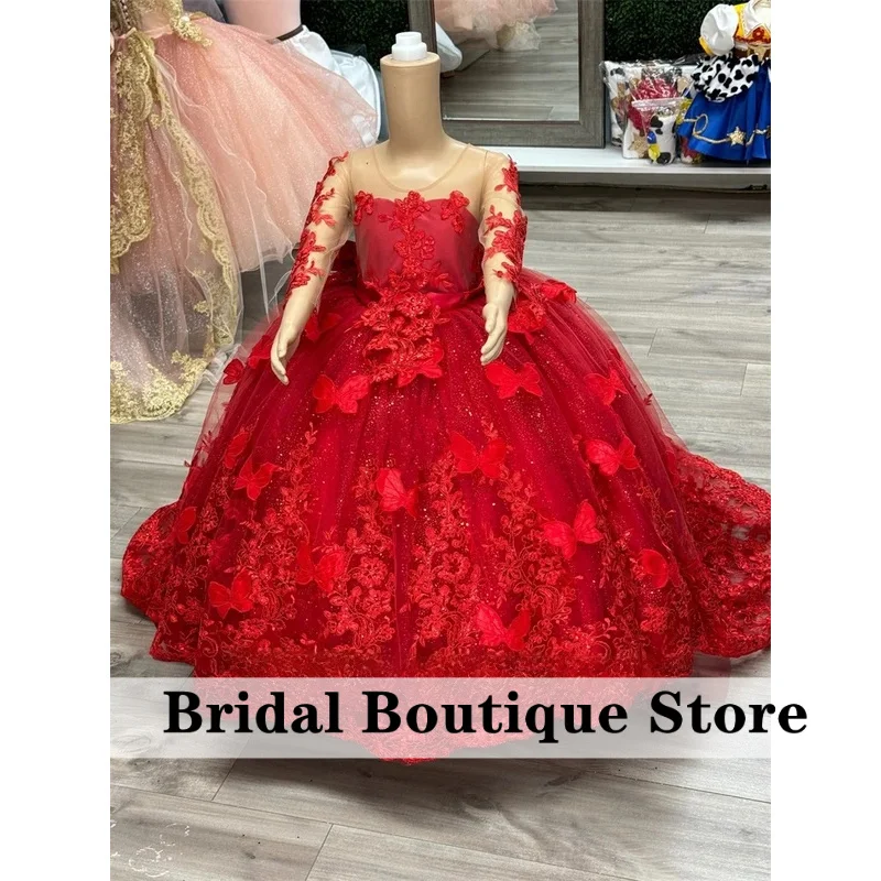New Design Red Flower Girls Dress Beading Long Sleeves Butterfly Applique Luxury Birthday Party Gown Photoshoot  Customized
