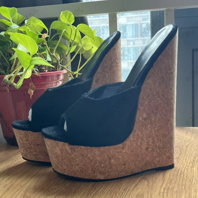 Ronticool اليدوية المرأة الأسود المهر الشعر البغل أسافين مع منصة الفلين جولة تو حذاء كاجوال أسود الولايات المتحدة حجم كبير 4-15