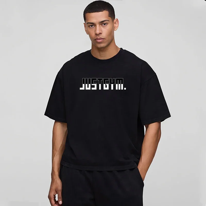 

Summer O-Neck Fitness Dropped Shoulder 240g Pure Cotton Oversized Boxy Fit Men Bodybuilding Workout Printed Half Sleeve T Shirt