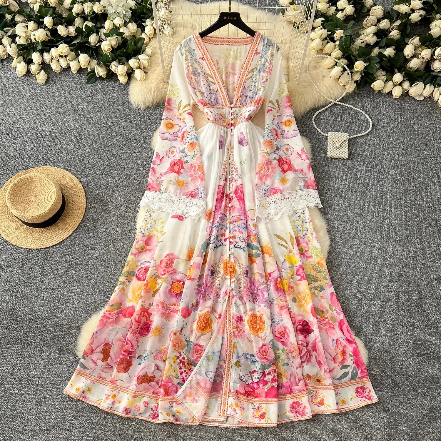 

2025 Fashion Runway Gorgeous Flower Chiffon Maxi Dress Women Deep V Neck Long Flare Lace Sleeve Floral Print Boho Robe Vestido