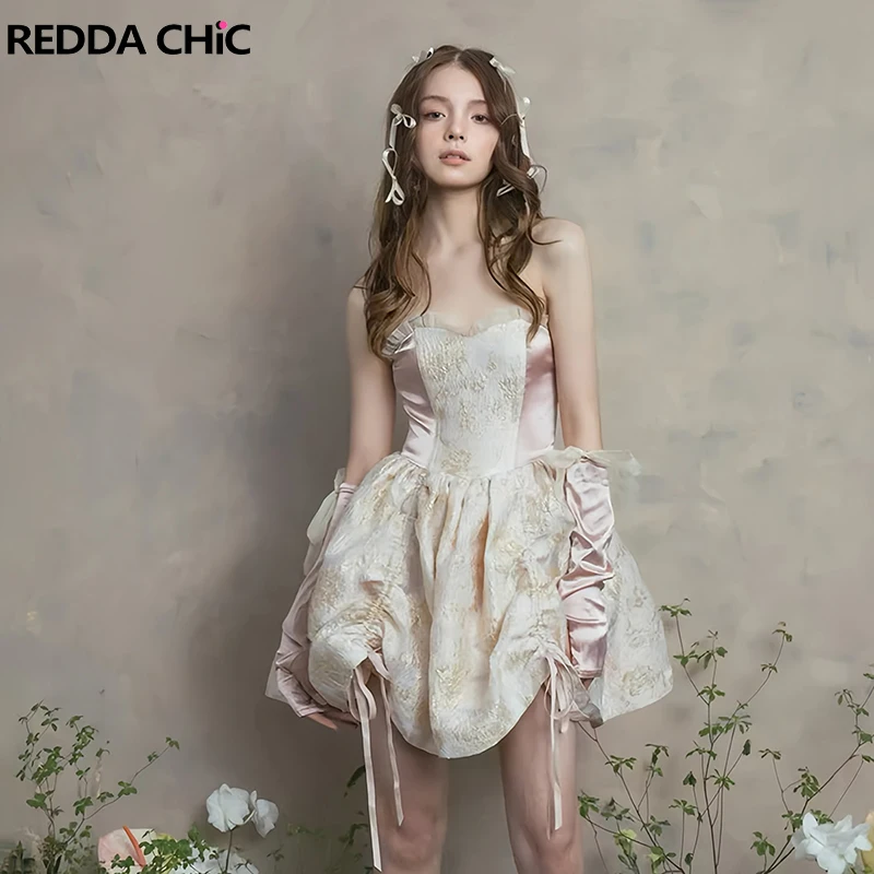 

REDDACHiC Women Ribbon Arm Sleeve Mini Satin Dress Jacquard Flower Drawstring Ruffle Lace-up Corset Dress Medieval Retro Clothes