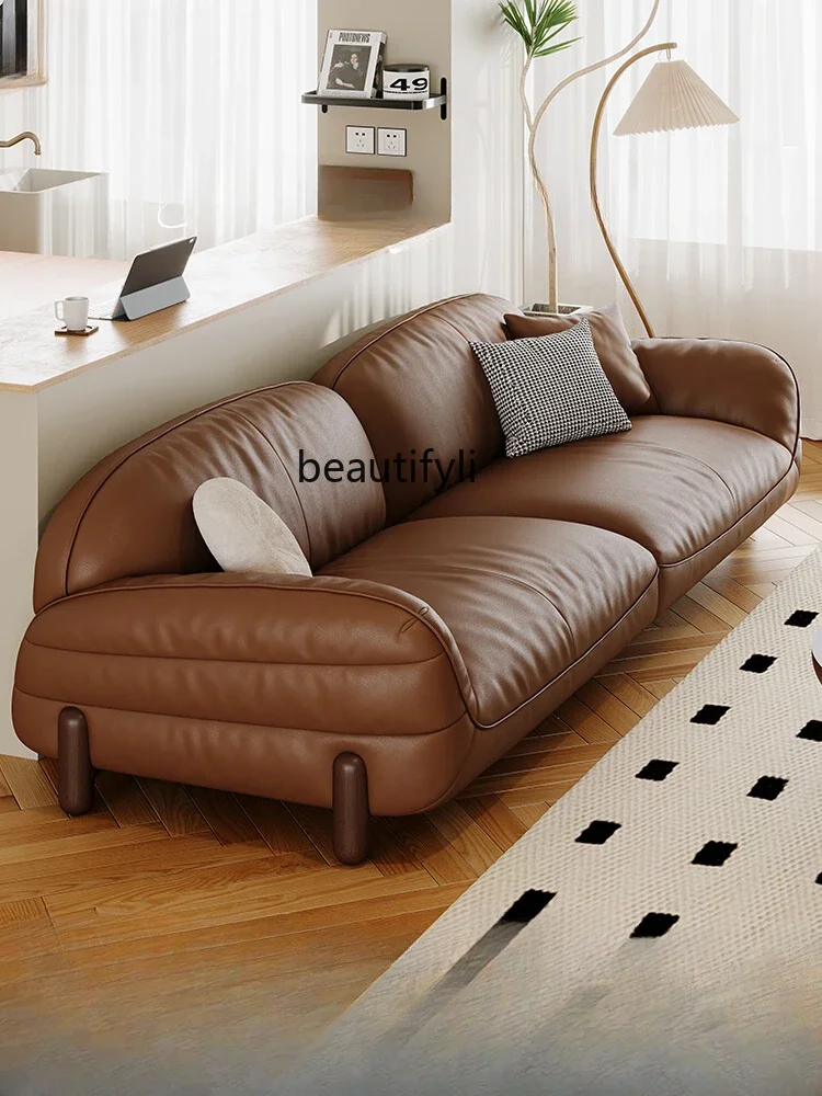 Leather Sofa Italian Minimalist First Layer Cowhide Sponge Brown Straight Row Living Room Small Apartment Modern