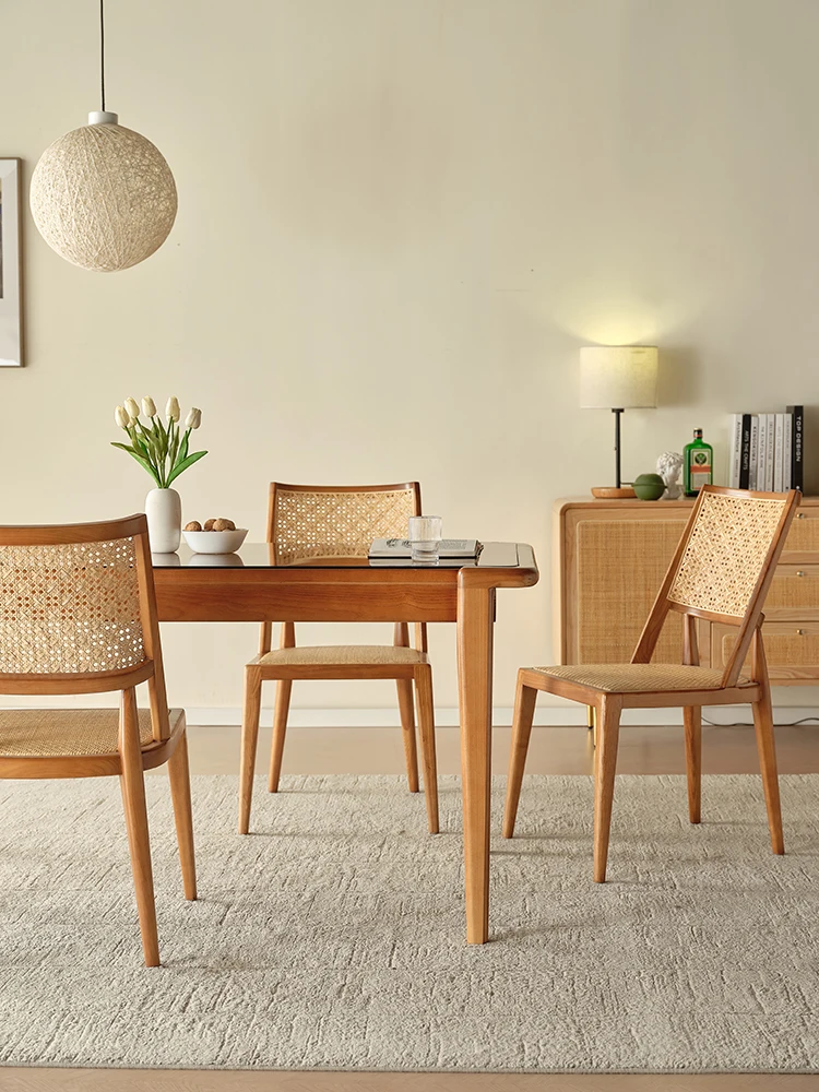 Nordic creative dining chairs, rattan weaving, all solid wood, retro office desks, chairs, soft bags, single person rattan chair