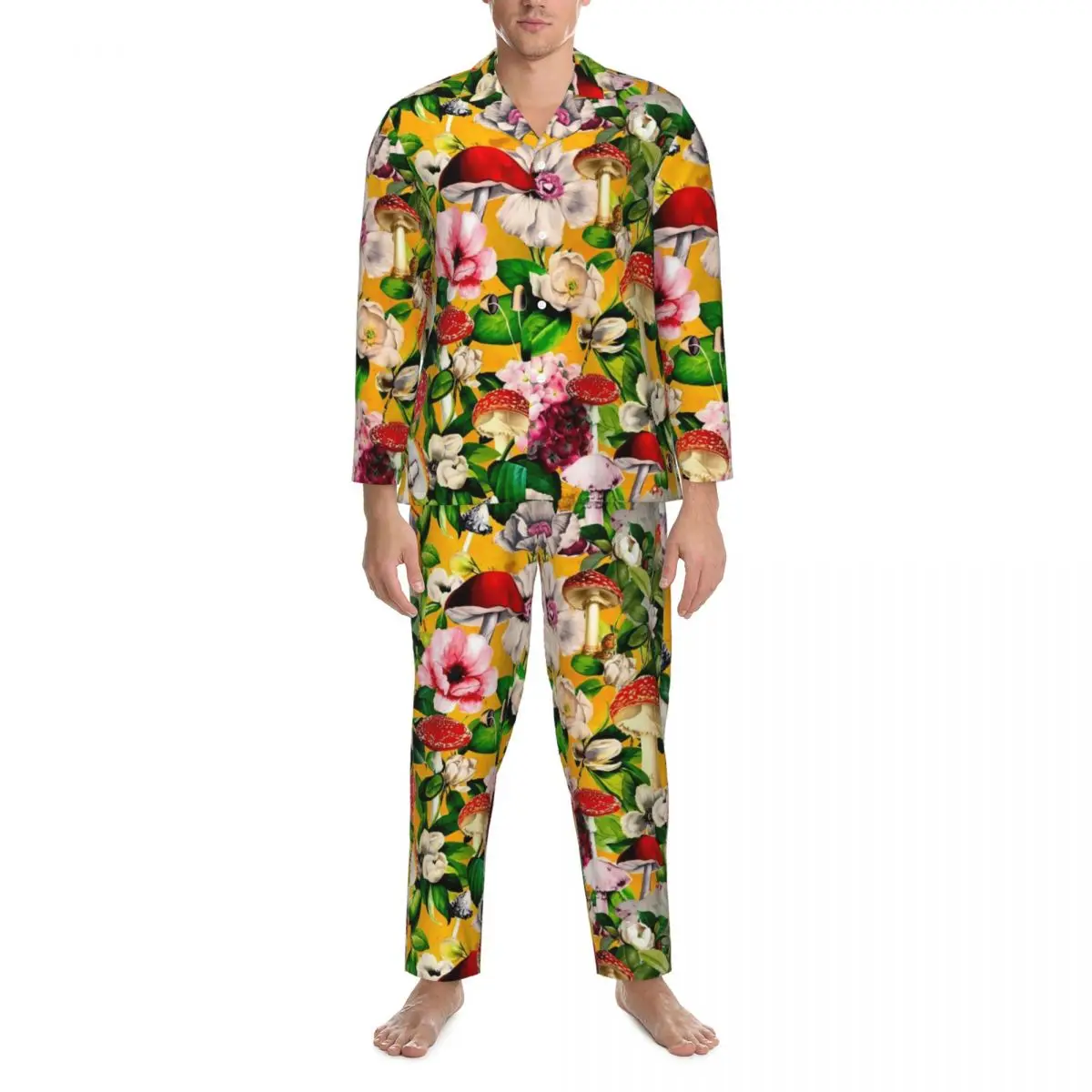 Cogumelos vintage pijamas outono floral jardim casual pijamas de grandes dimensões conjunto masculino manga longa macio noite gráfico casa terno