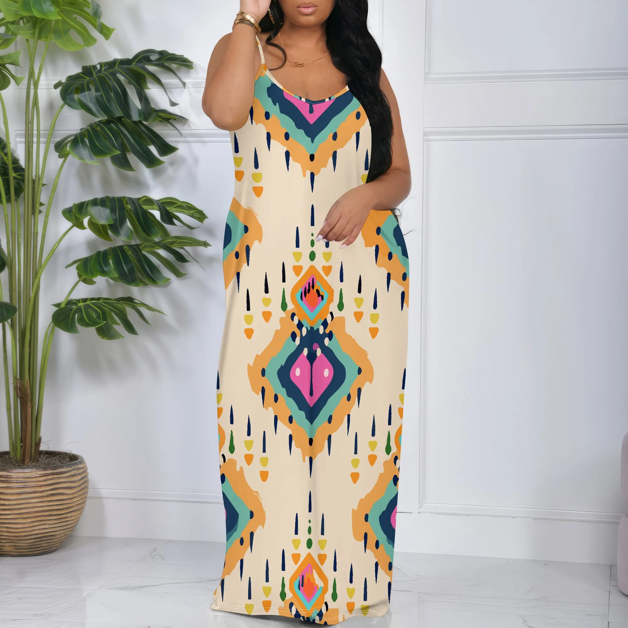 

Womens Sexy Casual Dresses for Curvy Women 3D Printed halterneck dress Short Sleeve Loose Maxi Dress