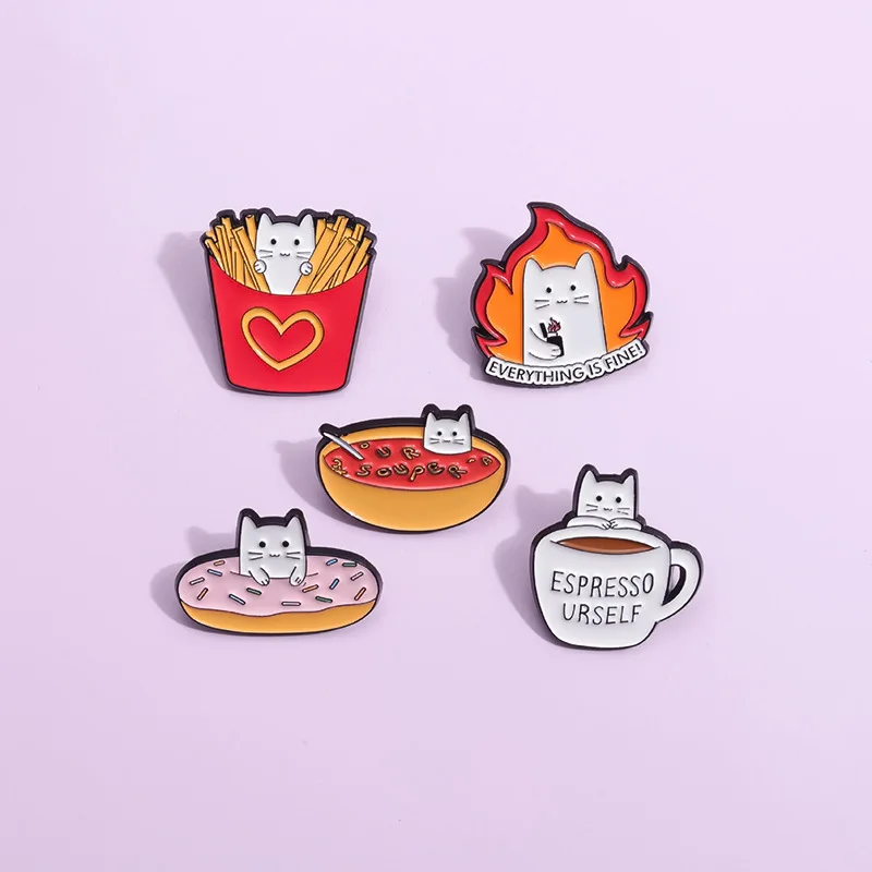 Cartoon Animal Enamel Pins Everything Is Fine Custom Cute French Fries Bucket Cat Brooches Lapel Badges Jewelry Gift Wholesale