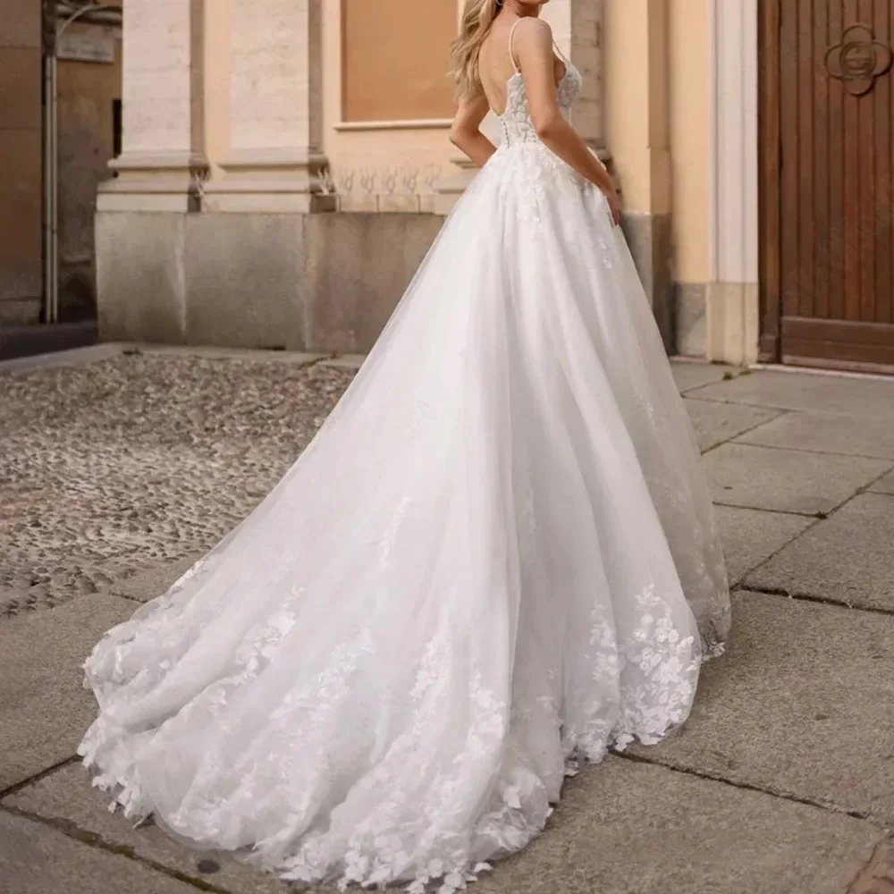 Customized Boho Glitter Spaghetti Straps Wedding Dresses Gowns Backless V-Neck Tulle A-Line Vestido De Novia Bridal Dresses