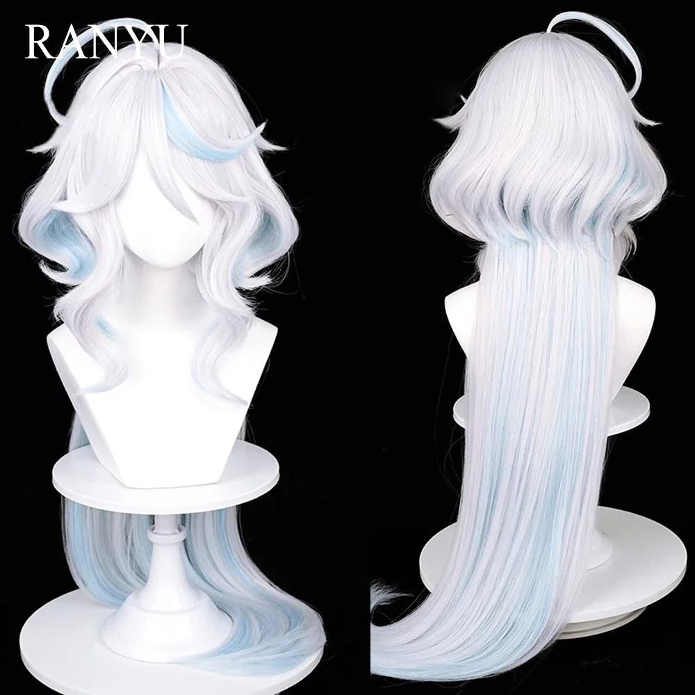 RANYU Wig Focalors Impact Genshin rambut palsu untuk pesta Wig rambut Cosplay permainan lurus panjang putih biru campuran