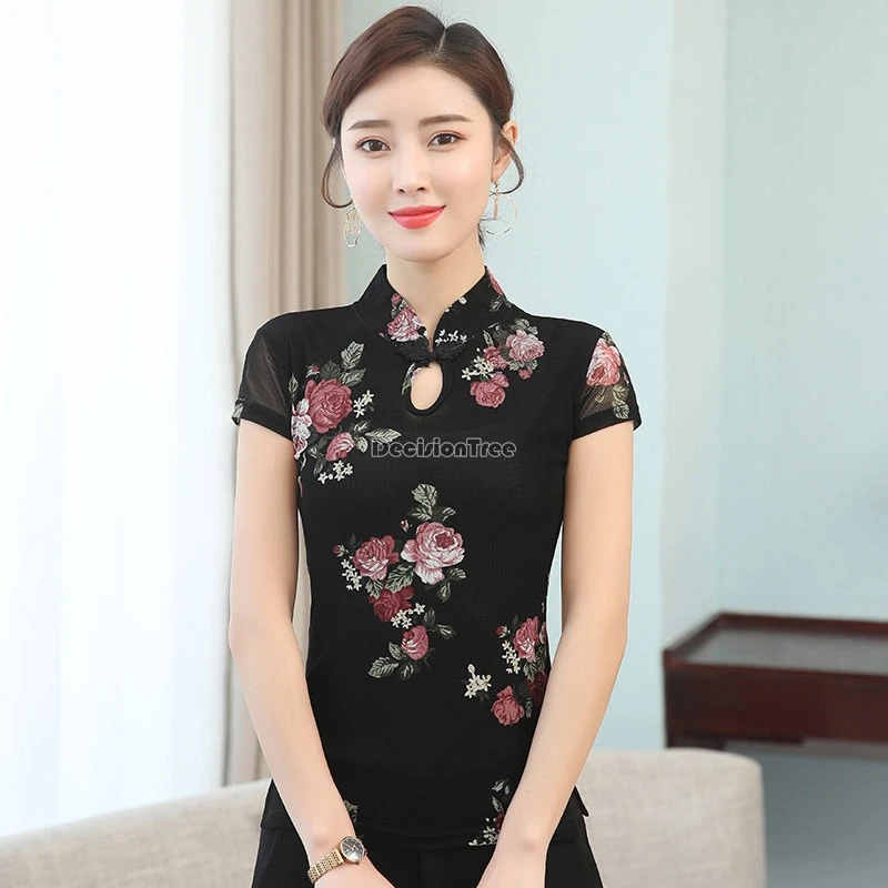 2025 new chinese style women's hollow out design vintage gauze cheongsam blouse stand collar lace short-sleeved qipao top w584