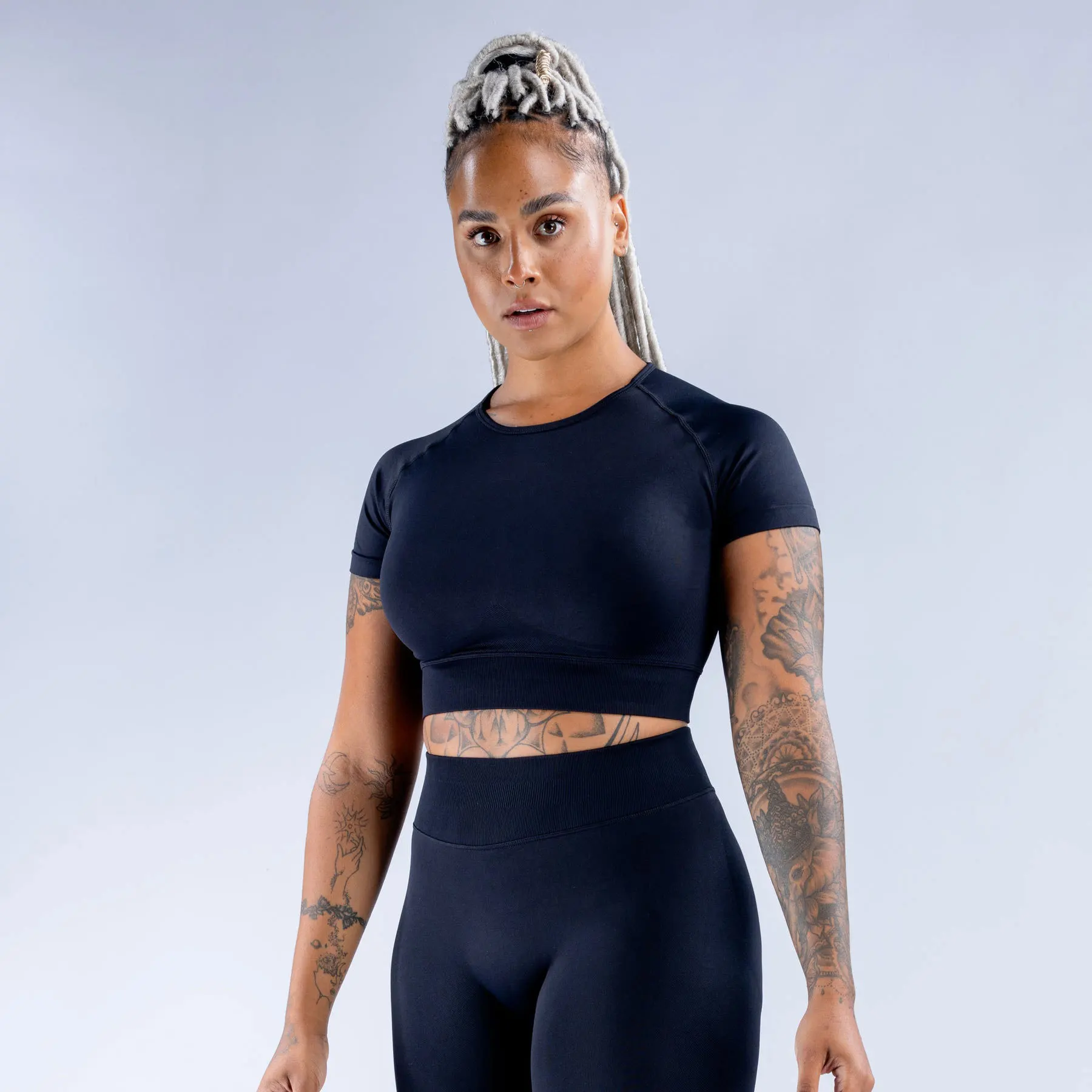 Impact Women Seamless Crop Top with Logo - Lightweight Short Sleeve Yoga & Gym Shirt Ribbed Design for Fitness Jogging & Cycling