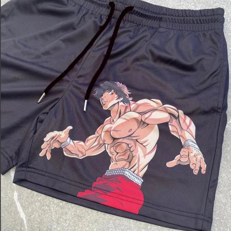 Pantalones cortos de Anime Baki Haman con estampado, ropa de calle para hombre, pantalones cortos de playa informales sueltos para hombre, pantalones cortos negros con cintura elástica