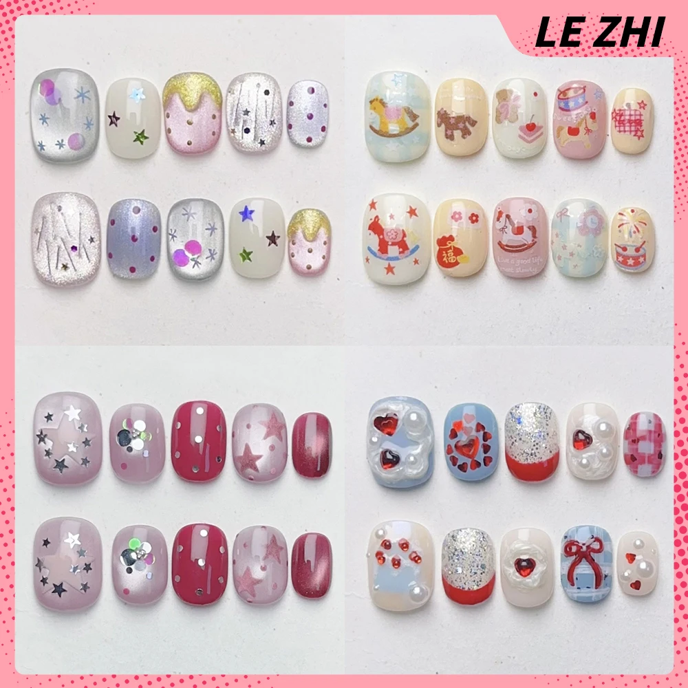 

10Pcs Kawaii Handmade Short Square Ruond Wearable Press On Nails Colorful Cat Eyes Stars Sequins Pearl Diamond Flower Fake Nails
