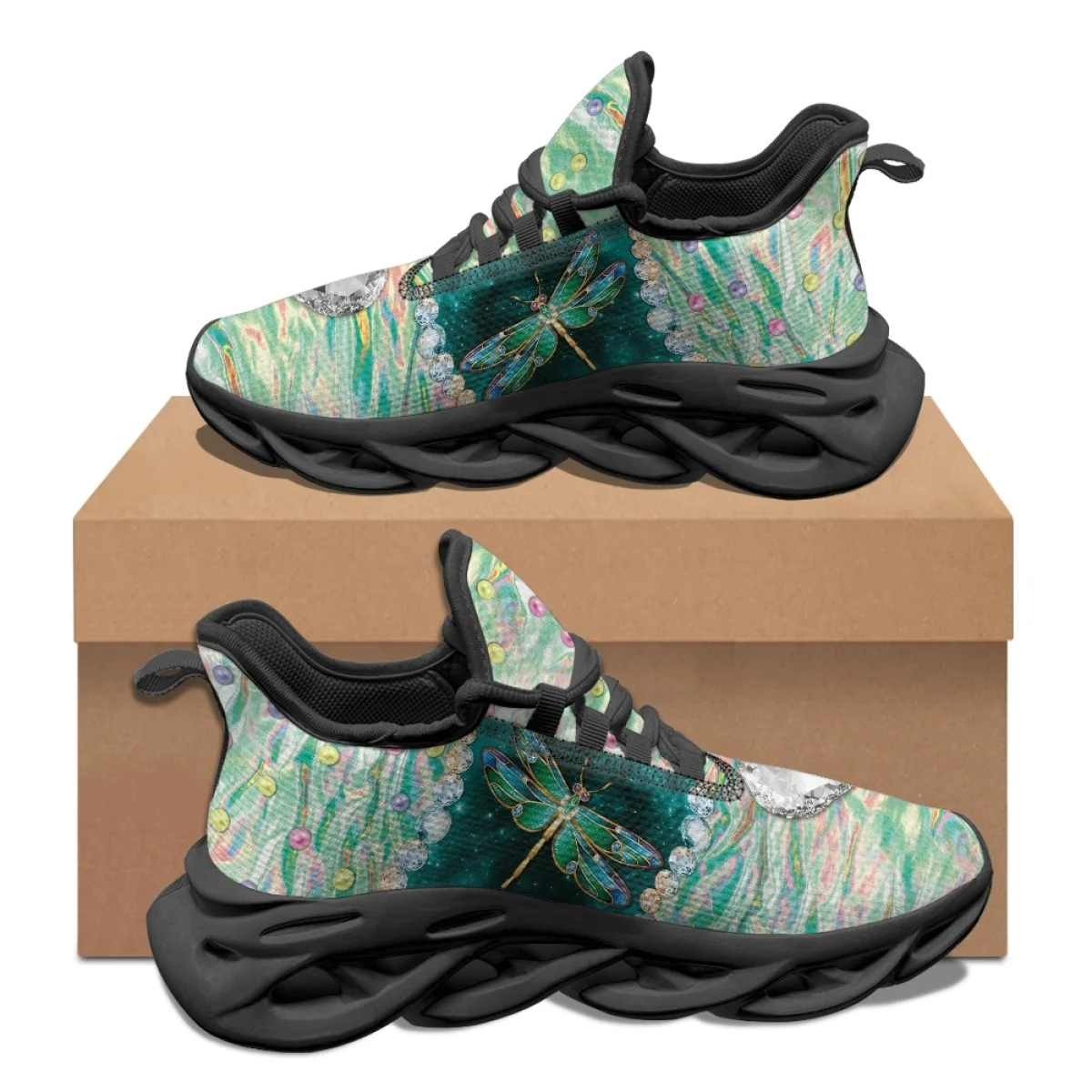 Gradient Green Dragonfly Pattern Women Male Autumn Winter Sneakers Non-slip Durable Round Toe Casual Shoes Dirt Resistant Flats