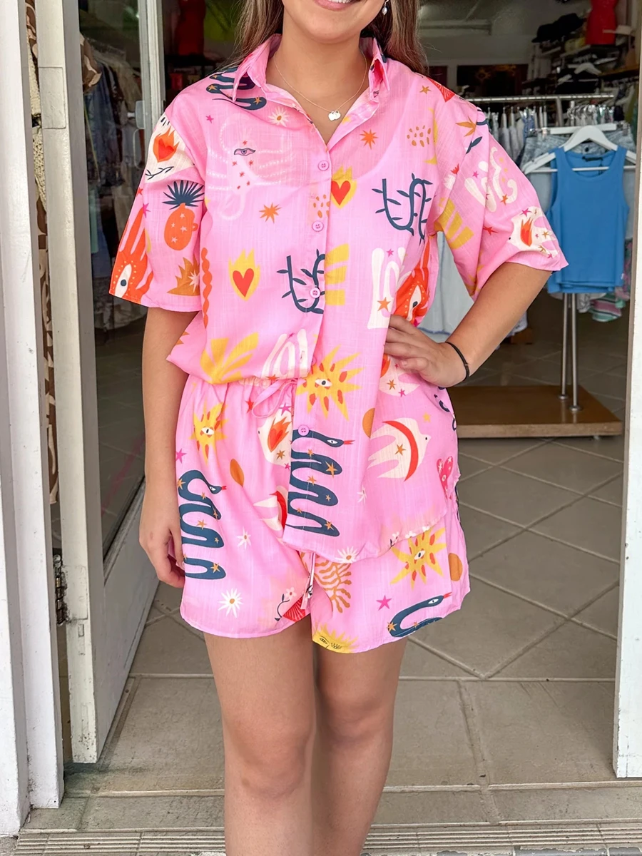 Women 2 Piece Pajamas Outfits Boho Graphic Print Short Sleeve Shirt Elastic Waist Shorts Casual Beach Vacation Loungewear