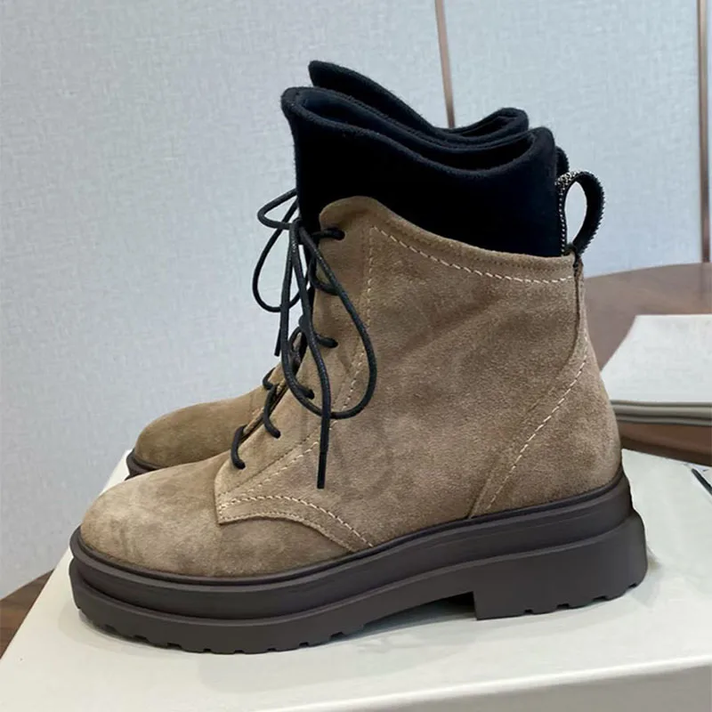 

Весенне-осенние замшевые короткие ботинки, женские туфли с круглым носком на толстой подошве со шнуровкой, женские мотоциклетные ботинки на плоской подошве с бусинами