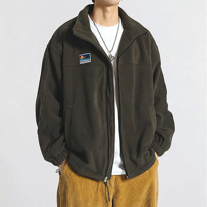 Men Casual Loose Polar Fleece Jacket Stand Collar Full Zip Drawstring Hem Solid Color Outdoor Daily Wear Fleece Outerwear