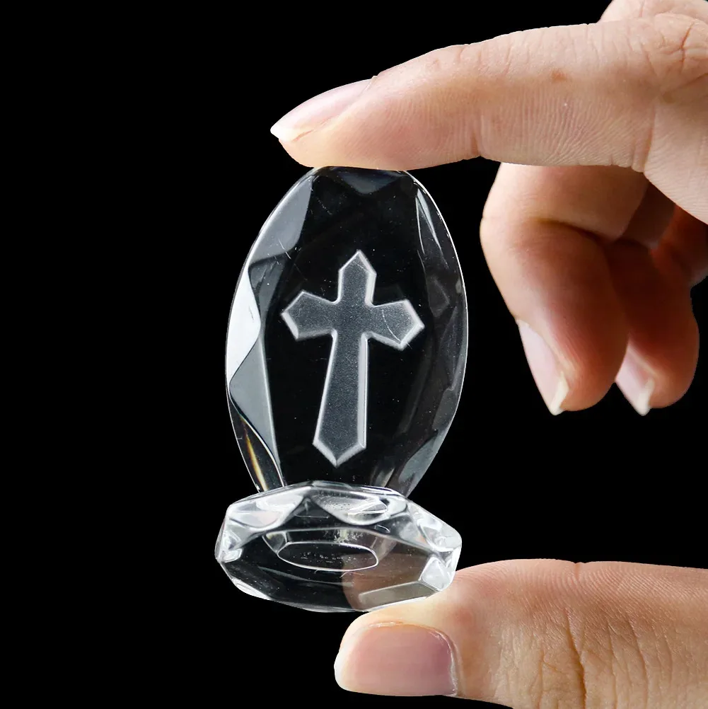4.8cm Transparent Oval Inlay Carving Cross Figurines Glass Art Vehicle Interior Decoration Home Furnishings Desktop Ornaments