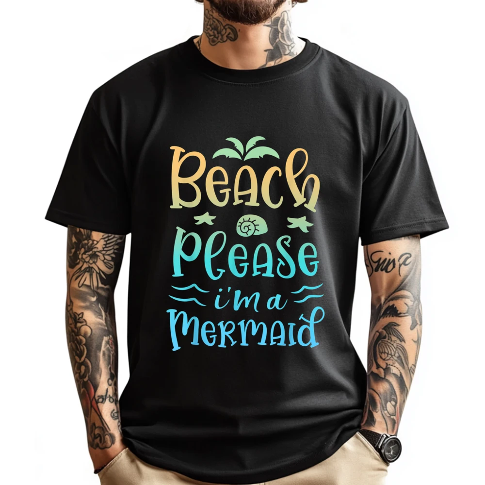 

Beach Please Mermaid Pun Clothing Mens Shirts Graphic Tee Men Clothes Mens Tshirts Aesthetic Cotton T-shirt