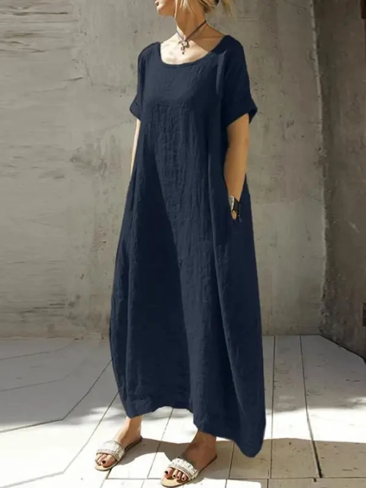 2024 plus size casual cotton and linen dress 6XL 5XL 4XL fashion women\'s solid color round neck short sleeve pocket loose dress