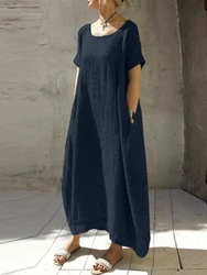 2024 plus size casual cotton and linen dress 6XL 5XL 4XL fashion women's solid color round neck short sleeve pocket loose dress