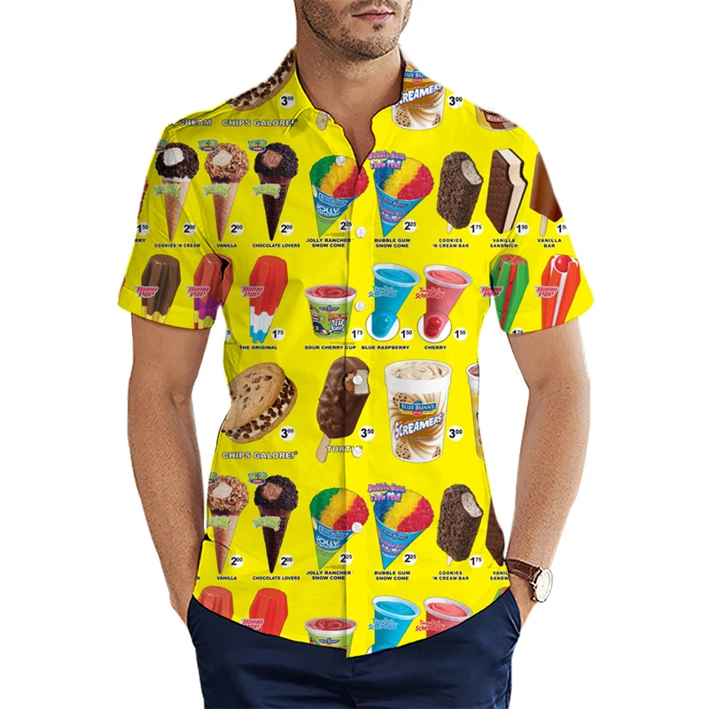 Camisa casual de sorvete masculina, camisa havaiana, engraçada estampa 3D, manga curta, roupa respirável, nova, verão