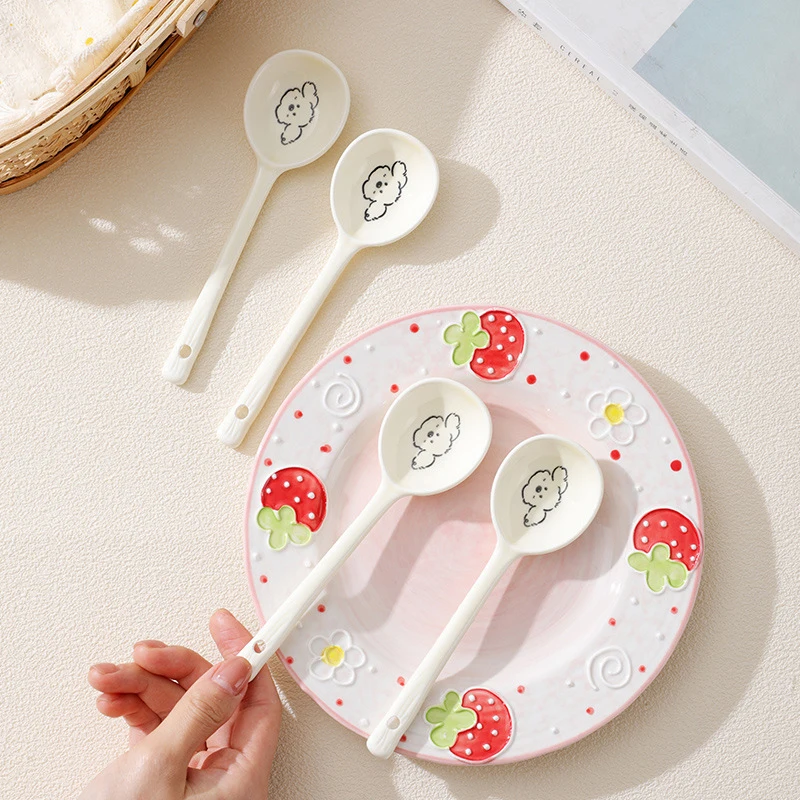 Cute Ceramic Puppy Soup Spoon Kawaii Korean Ice Cream Hand Painted Dessert Spoon With Long Handle Kitchen Tableware Accessories