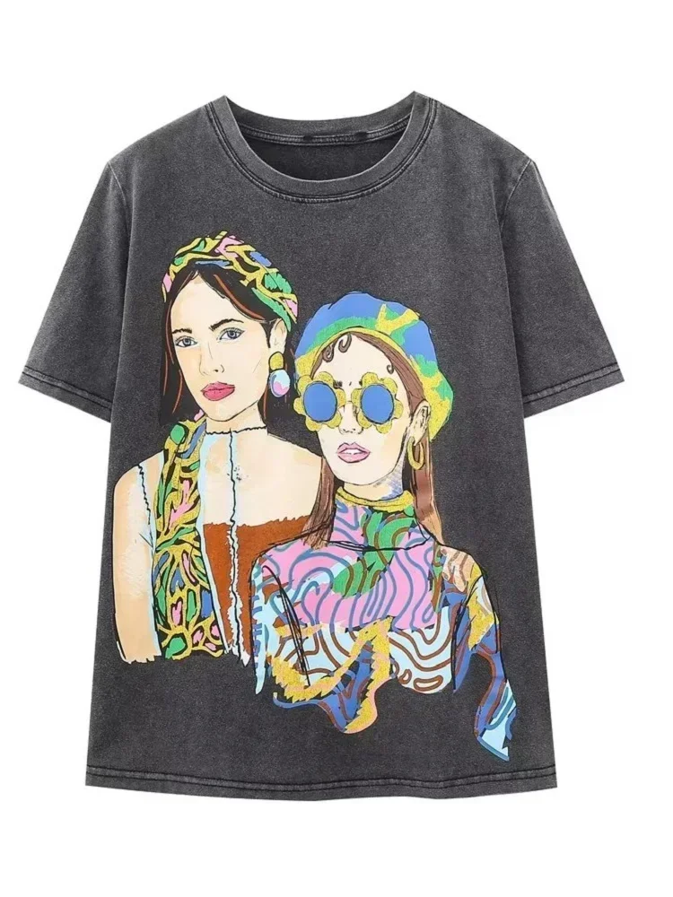 Tangada 2024 Summer Women Girl Print Cotton T Shirt Oversized Short Sleeve Ladies Casual Long Tee Shirt Wear Top TA20