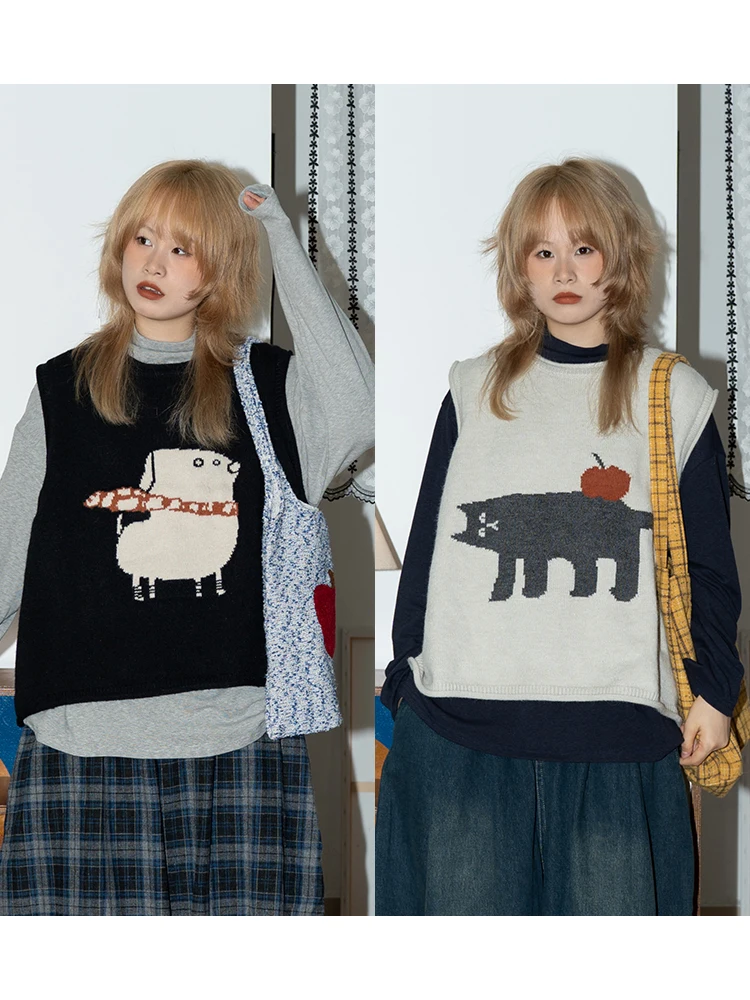 

Вязаный жилет в стиле ретро-жапонский шик, с круглым вырезом, с мультяшным принтом, многослойный, универсальный, для ранней осени, для повседневной носки, чистый...