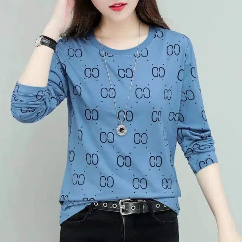 Spring Autumn Pullover Round Neck Geometric Printing Long Sleeve Contrast Color All-match Women's Clothing Undershirt Tops