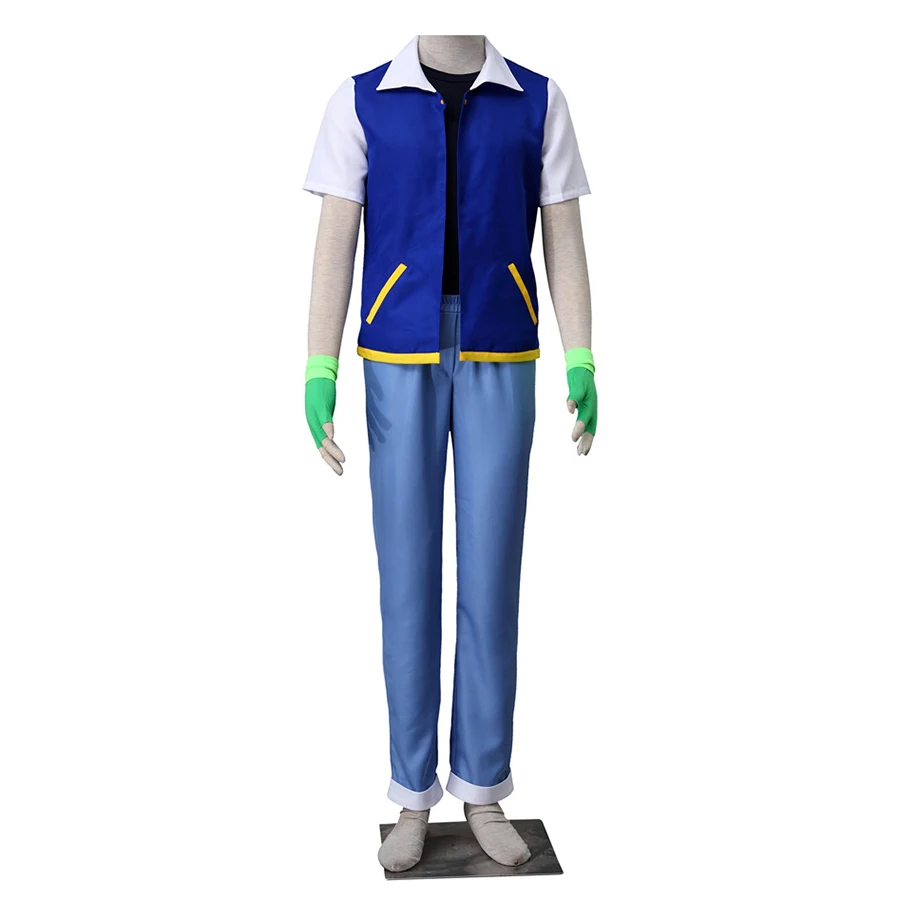 

Cartoon Anime Ash Ketchum Cosplay Costume Trainer Blue Jacket Pants Gloves For Boys Girls Role Play Halloween Carnival Suit