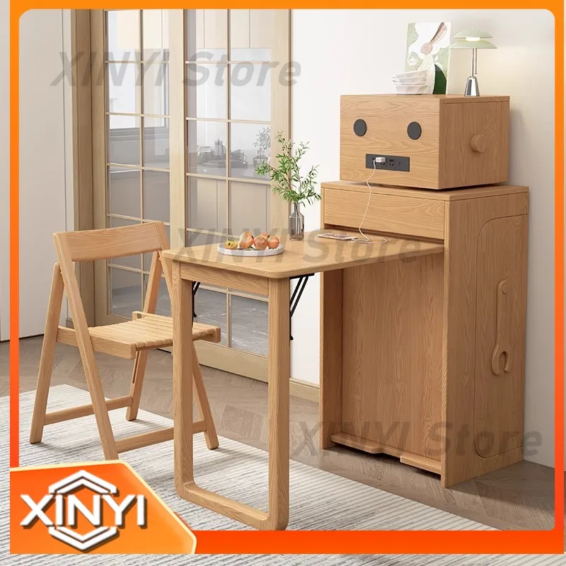 Extendable Solid Wood Dining Table for Small Spaces Modern Minimalist Foldable Multi Functional Space Saving Robot Style