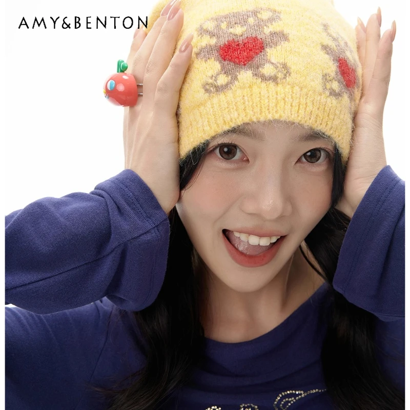 

Japanese Style Design Cute Yellow Heart Animal Print Women's Hat 2025 Autumn Winter Versatile Sweet Plush Bow Warm Hats Ladies
